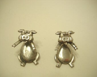 Vintage JJ Pewter Articulating Pig Pierced Earrings (8928)