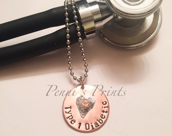 Hand stamped Diabetic Type 1 medical alert necklace, diabetic jewelry, diabetes, diabetic, diabetic alert