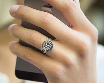 Monogrammed Ring Sterling Silver Round Personalized for Women or Christmas Present Round