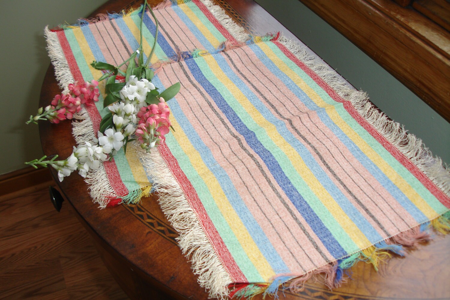 French Country linen Placemats with Fringe Edging Striped Set