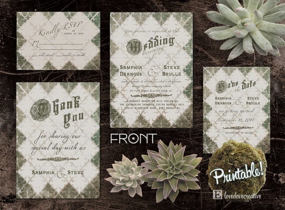 Wedding Invitation Suite - Printable • Damask Moss • Invite, RSVP Card, Thank You Card, Save the Date Card