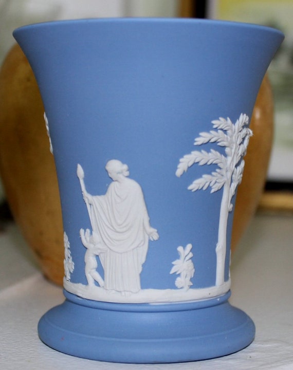 Vintage Blue Wedgwood Jasperware vase 1953 with Goddess