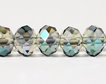 Rondelle Crystal Beads 8x6mm (6x8mm) Mystic Blue Green AB Faceted Chinese Crystal Glass Beads on an 8 1/2 Inch Strand with 35 Beads
