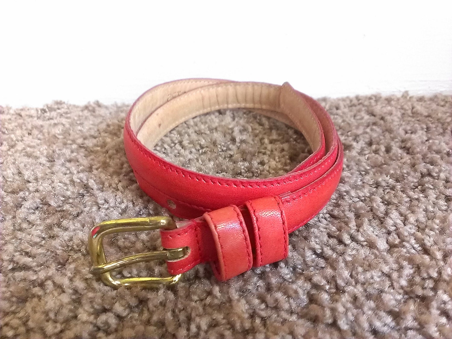 Vintage 80s1980s Bright Red Leather Skinny Adjustable Gold Buckle Belt ...