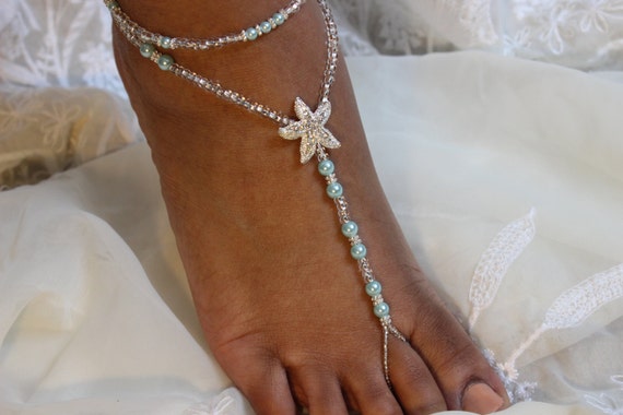 Turquoise Foot Jewelry, Beach Wedding Foot Jewelry, Pearl Barefoot ...