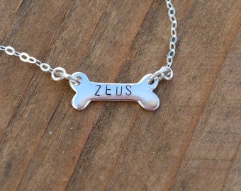 Personalized dog bone necklace, sterling silver bone, hand stamped bone, pet necklace, pet remembrance, dog bone name