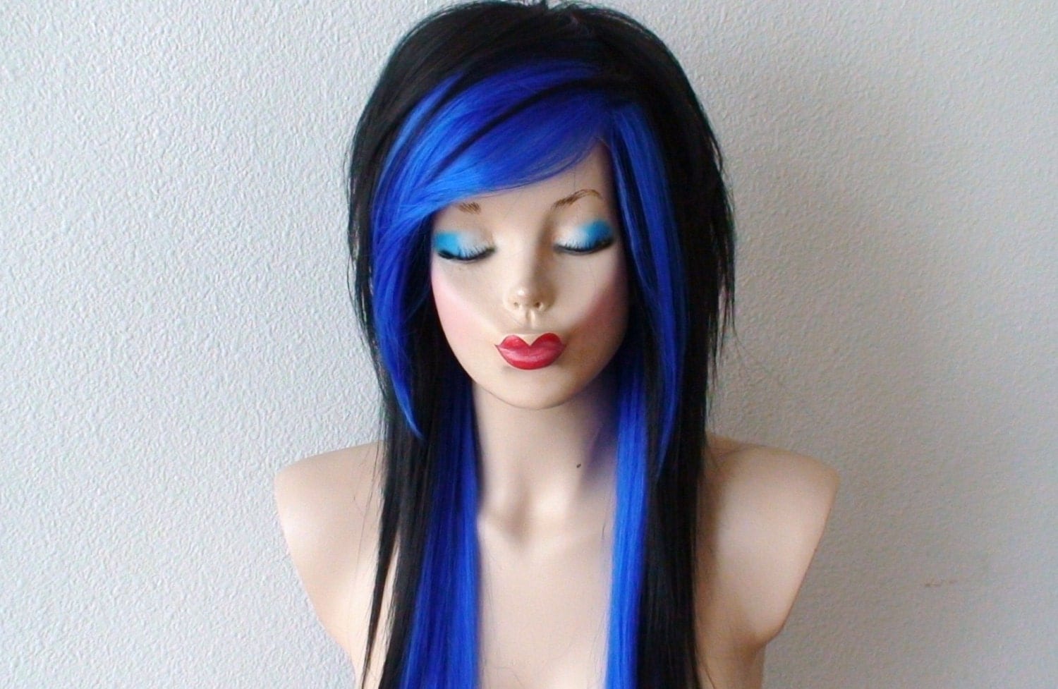 Scene wig. Emo wig. Black / Blue wig.Long straight by