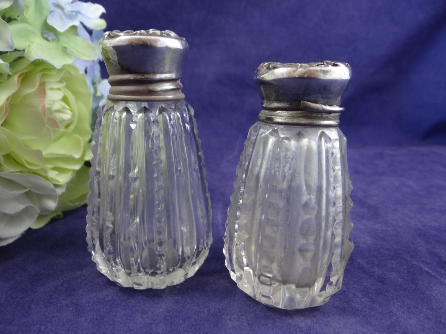 Antique Pressed Glass Salt and Pepper Set with Silver Plate