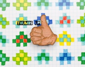 thumbs up (or down?) brooch - a wooden, laser cut lapel pin for good days and bad