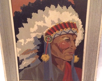 Native American Indian Art 1950s Chief Portrait Oil Painting on canvas