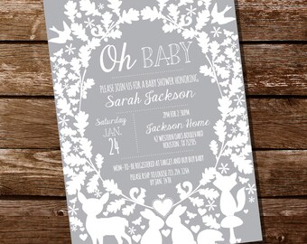 Gray and White Woodland Baby Shower Invitation for Boy or Girl - Instant Download and Editable File - Personalize at home with Adobe Reader