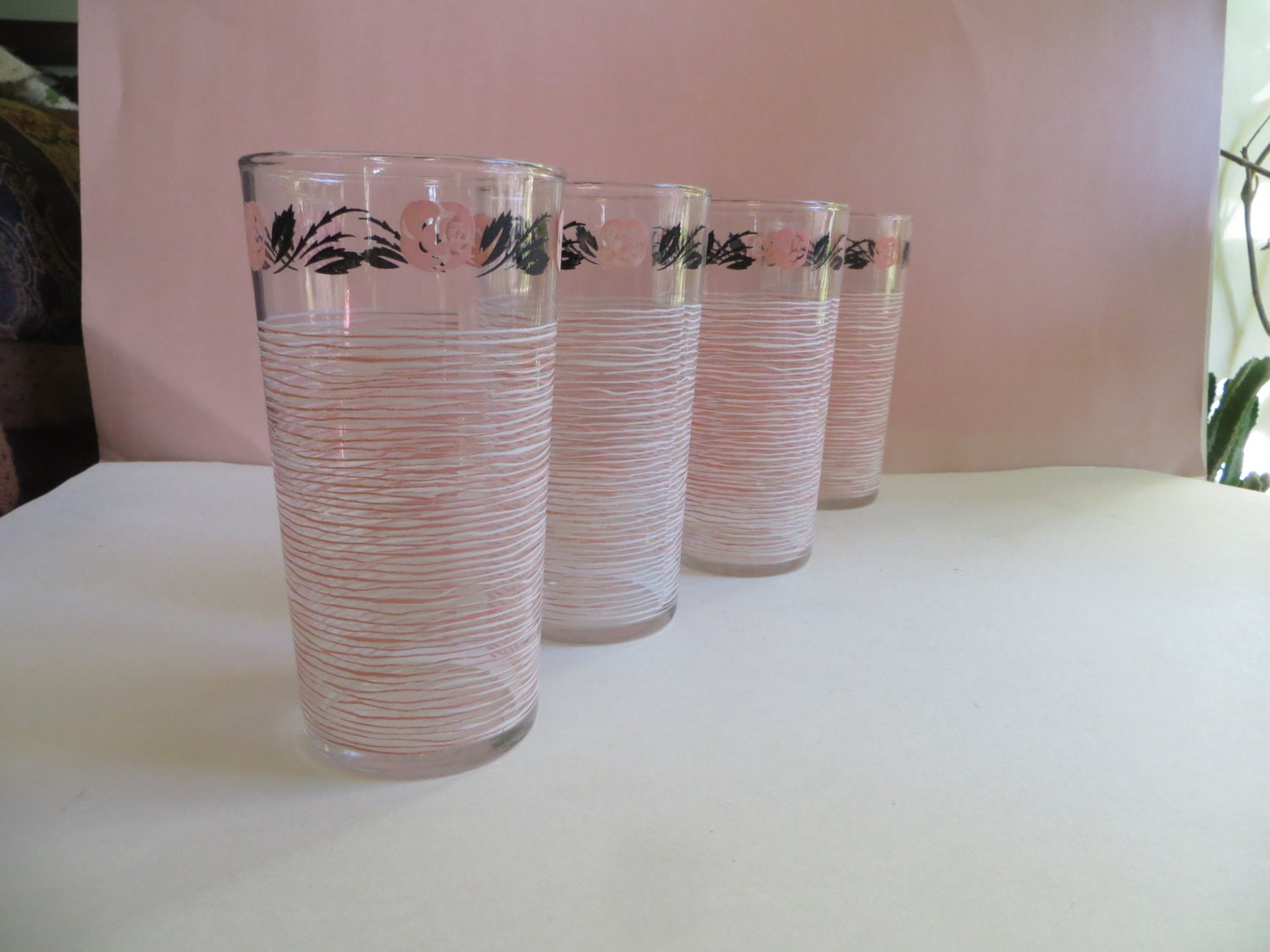 Pink Black Anchor Hocking Mid Century Drinking Glasses Set of