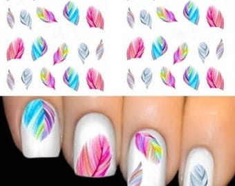 Nail Wraps Nail Art Nail Decals Water Transfers Pink Blue Feathers Salon Quality YD53