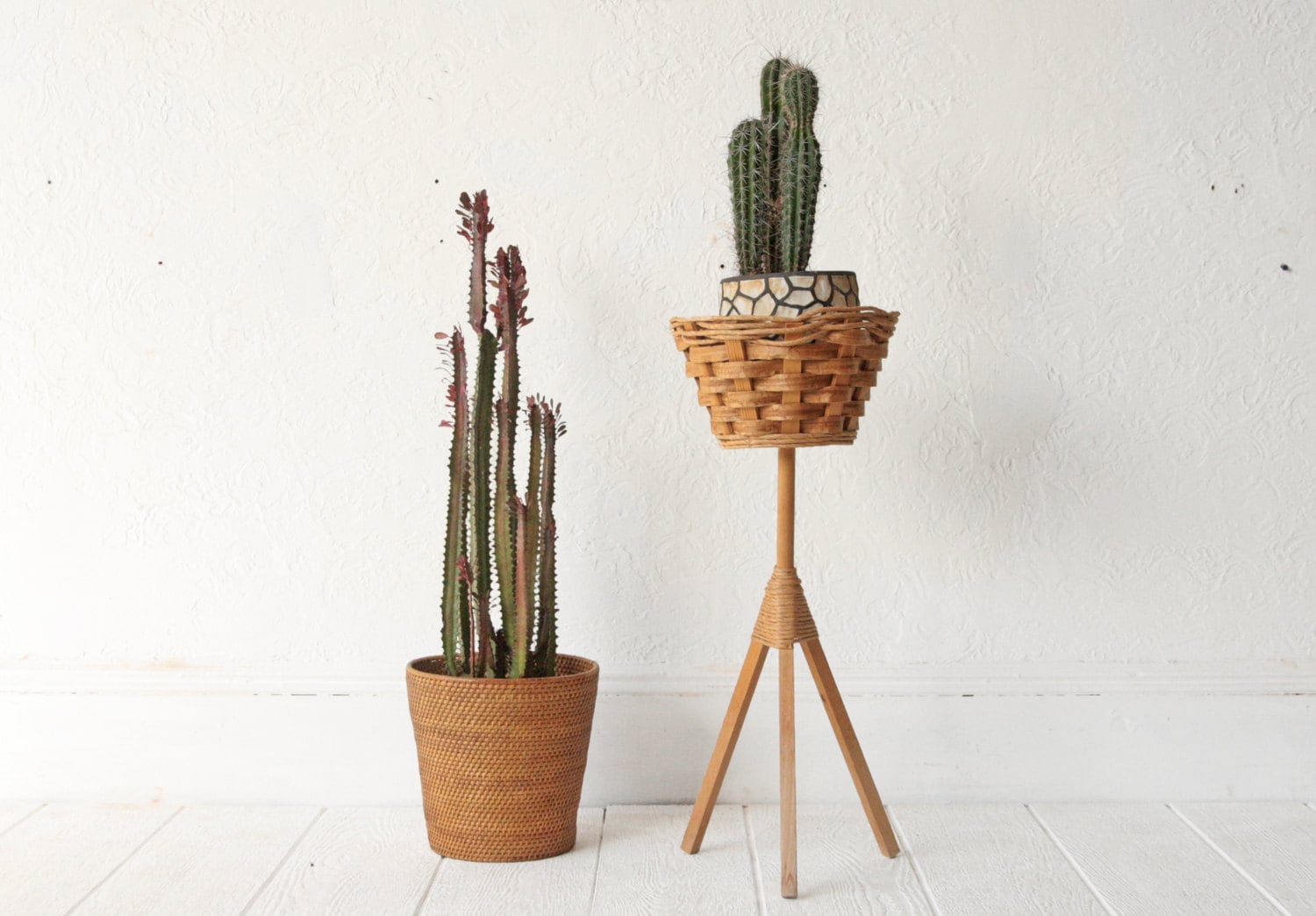 Mid Century Plant Stand Wicker Basket Tripod by
