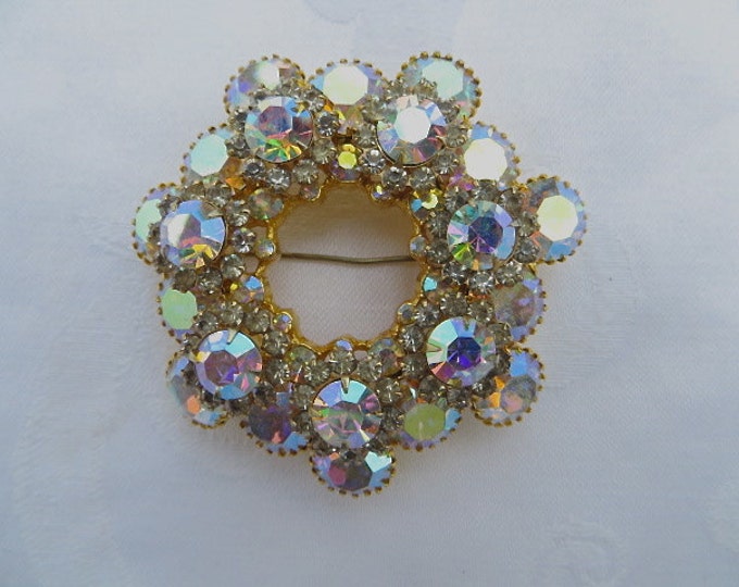 Vintage Rhinestone Brooch, Aurora Borealis Pin, Bride Handbag Accent, Vintage Wedding Jewelry