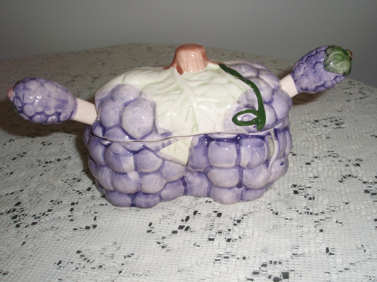 Vintage Jelly or Jam Covered Dish with spoons, Grape design Divided Condiment serving dish