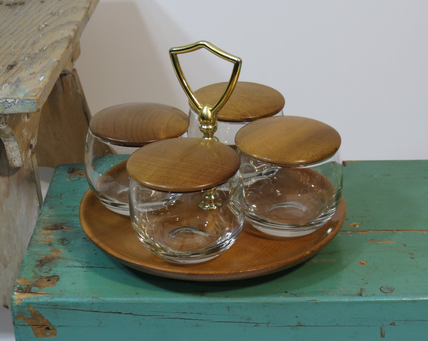 Myrtlewood Tray Condiment Set – 4 Covered Glass Containers – Stateline ...