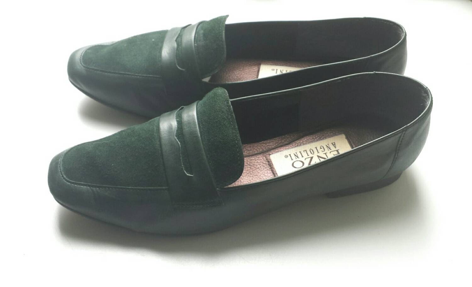 Vintage Dark Forest Green Perfectly Worn In Leather and Suede Flats
