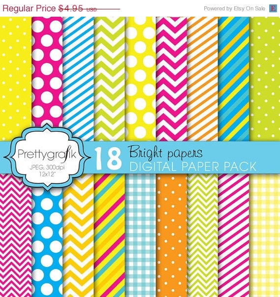 80% OFF SALE bright colors digital paper, commercial use, scrapbook papers, background polka dots, chevron, gingham, stripes - PS616 Il_570xn