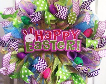 Easter Wreath/ Happy Easter Wreath/ Easter Egg Wreath/ Spring Deco Mesh Wreath/ Easter Door Decor
