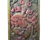 Indian Antique Carved Panel Five Headed Ganesh Hand Carved Wall Sculpture India 72 X 36 Inches