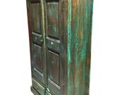 Indian Armoire Hand Carved Distressed Green Teak Rustic Cabinet Furniture
