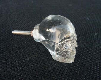 Clear = Skull Skeleton = Crystal Glass Knob = Drawer Pull - Cabinet Halloween Goth
