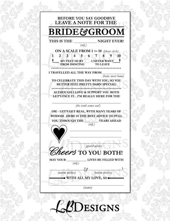 Wedding Guest Questionnaire Mad Libs