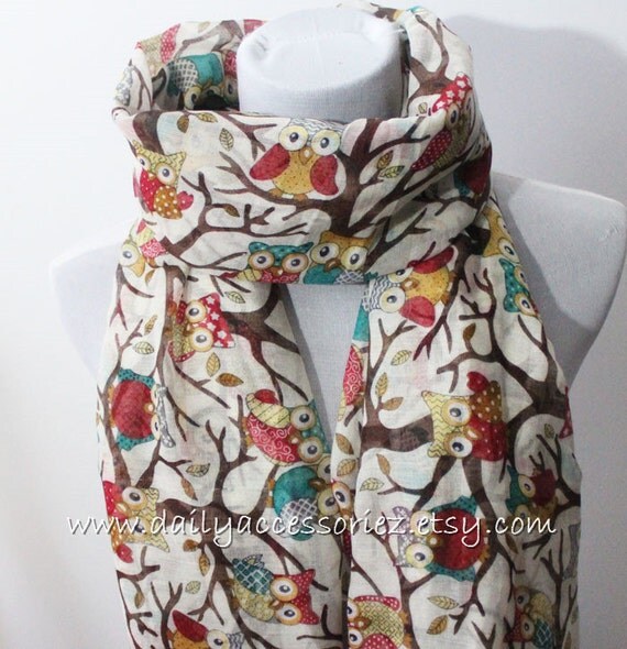 Items similar to Cute Owl Scarf Owls Scarf Tree Branches Cute Scarf