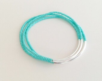 Turquoise bracelets, aqua bracelets, strechy bracelets, noodle seed bead bracelets, seed bead bracelet, silver bracelet, minimalist, noodle