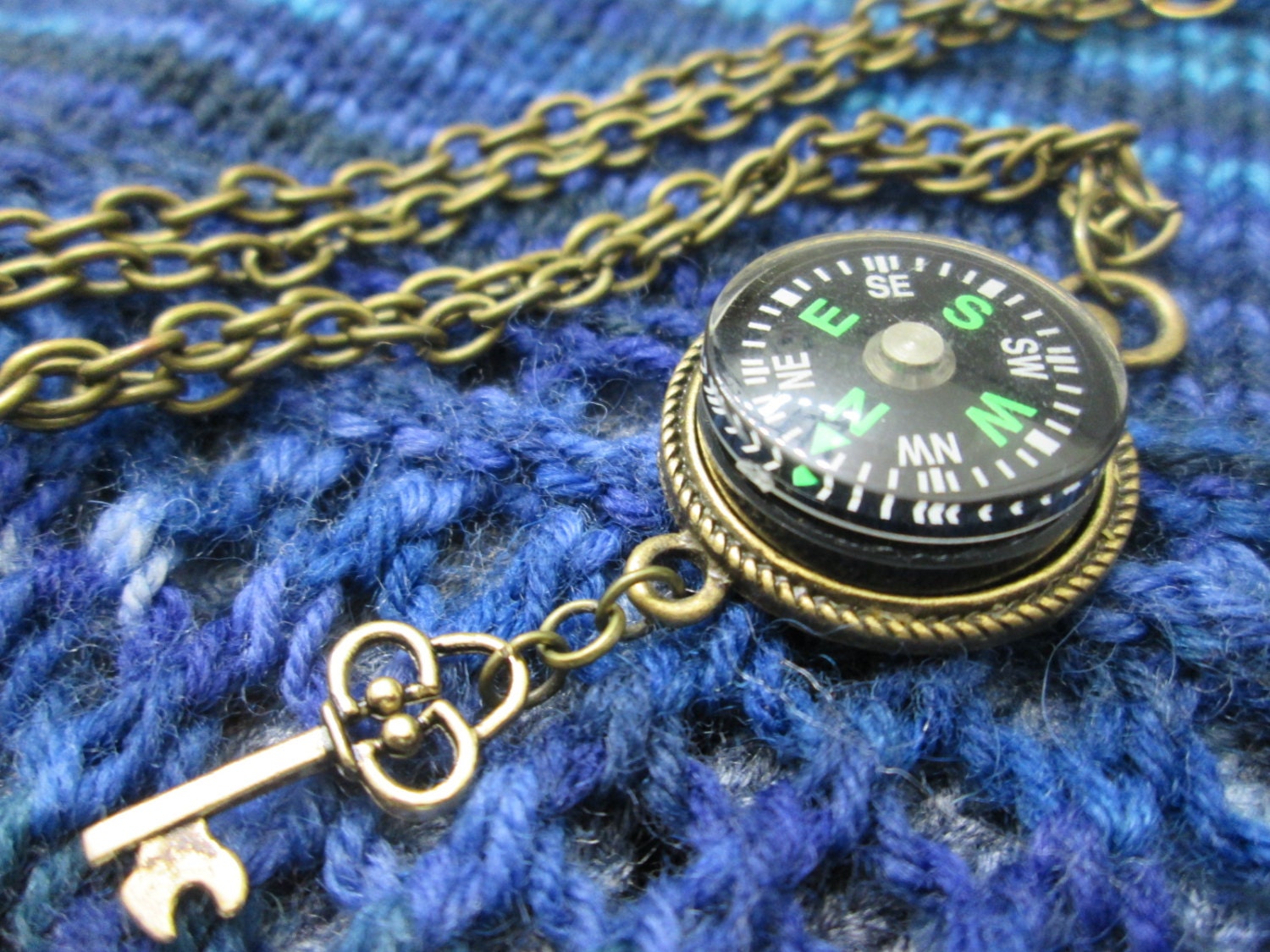 Steampunk Compass Necklace Green Compass with Key