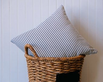 Farmhouse pillow cover, blue ticking, home decor, decorative pillow cover, blue striped pillow cover,