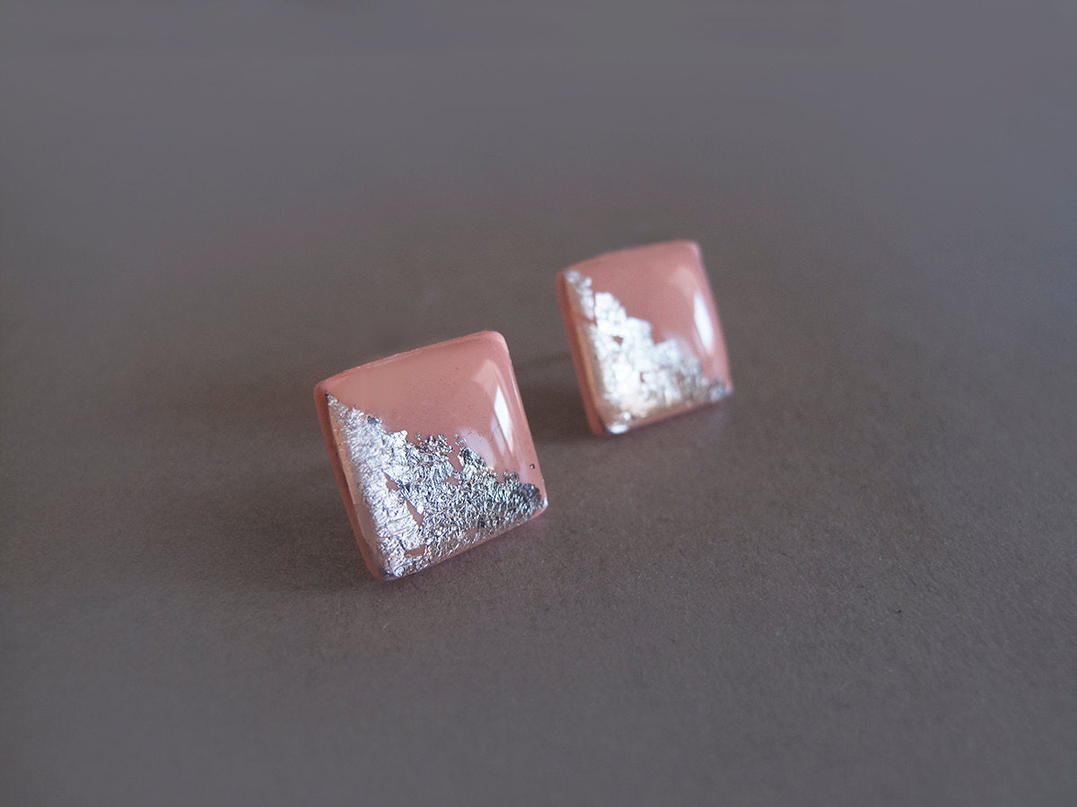 Blush Peach Silver Square Stud Earrings Hypoallergenic