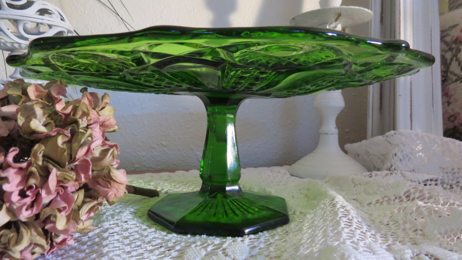 Stunning Vintage Green Glass Cake Stand Pedestal Depression