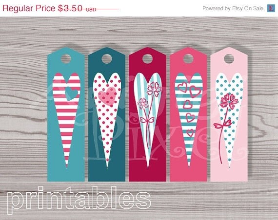 Valentine Sale 50% OFF Instant Download Valentine Hearts Printable Bookmark Long Gift Tags Pink Teal Blue Green PNG PDF Il_570xn