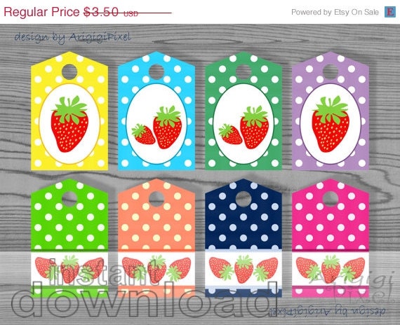 Spring SALE 50 % OFF strawberry polka dot gift tag spring colors printable front and back side hang label / tag instant download PDF file Il_570xn