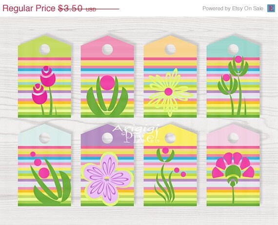Spring SALE 50 % OFF Spring Colors Gift Tag Easter Printables Colorful Stripes Springtime Flowers Instant Download Il_570xn