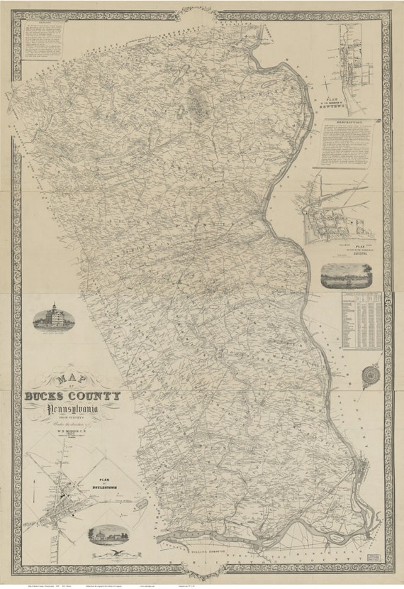 Bucks County Pennsylvania 1850 Wall Map With Homeowner