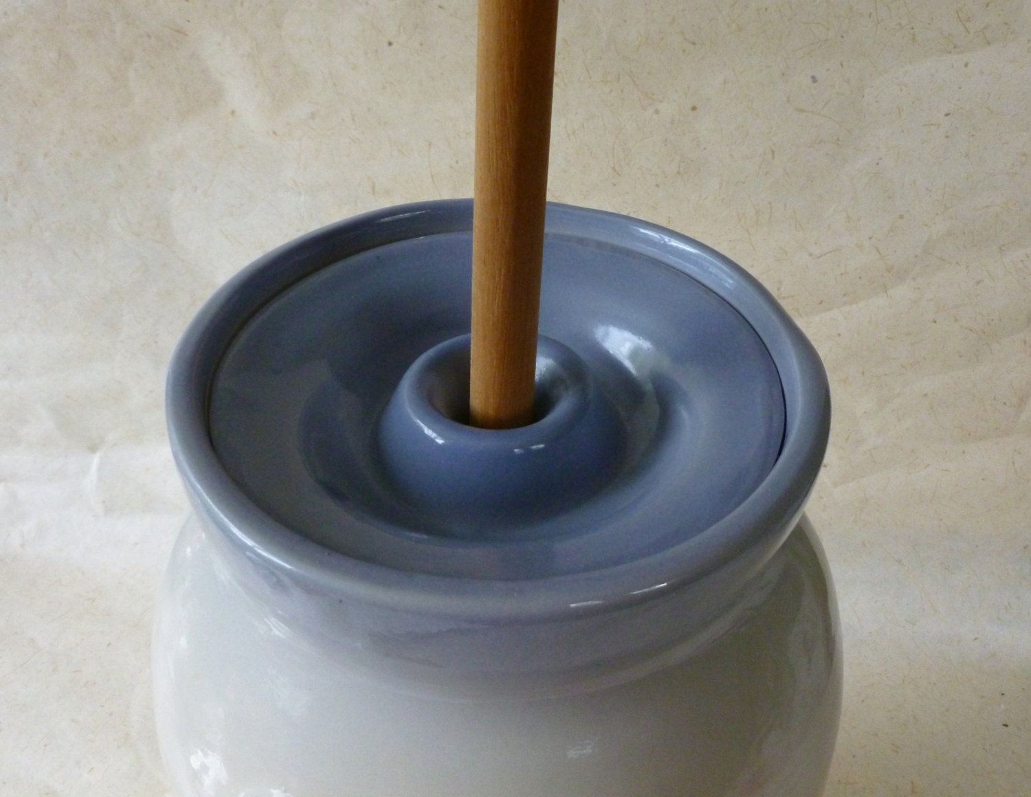 Vintage Ceramic Butter Churn with Wooden Dasher in the