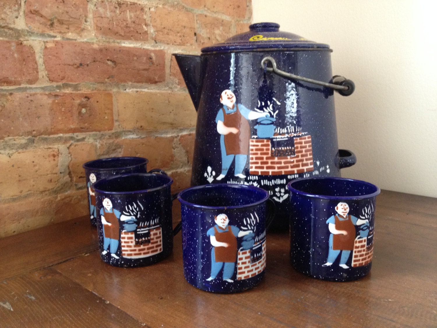 Vintage Speckle Painted Enamelware Coffee Pot & Mug Set Haute Juice