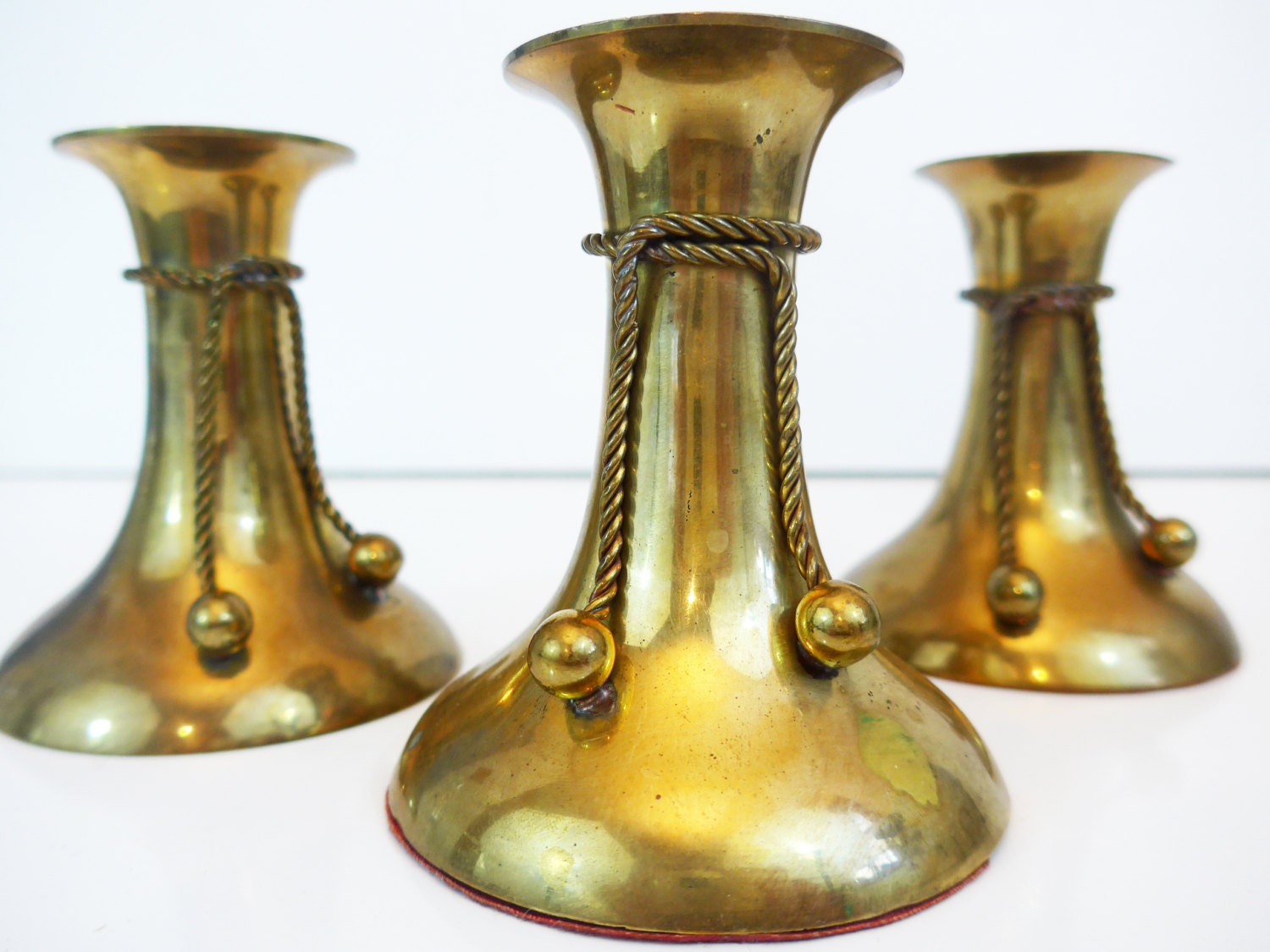 Vintage Set 3 Fancy Rope and Ball Brass Candlestick Holders Three