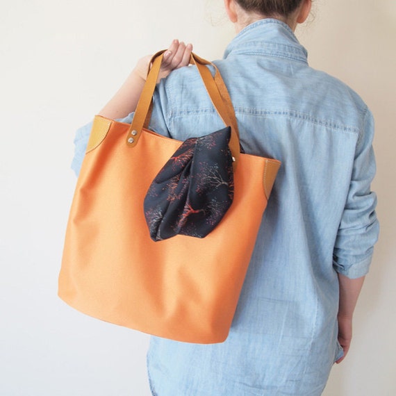 SALE Tote Bag/Orange canvas with Tan Leather by ElevenRoosters