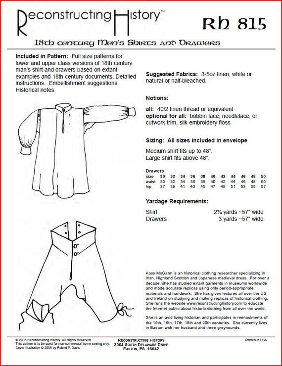 RC815 18th Century Men's Shirts & Drawers Sewing Pattern