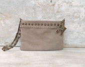 Taupe leather clutch hand bag, monogrammed handbag,  studded leather wristlet clutch