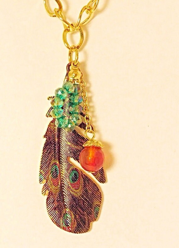 Gold Chain with Peacock Feather Charm by ThreePinkPumpkins on Etsy