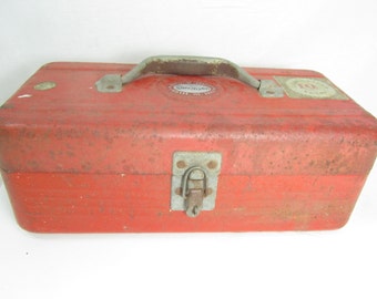 Vintage metal tackle box, Red metal box, Fishing box, Tool Box, Simonsen, Chicago Illinois, 60651