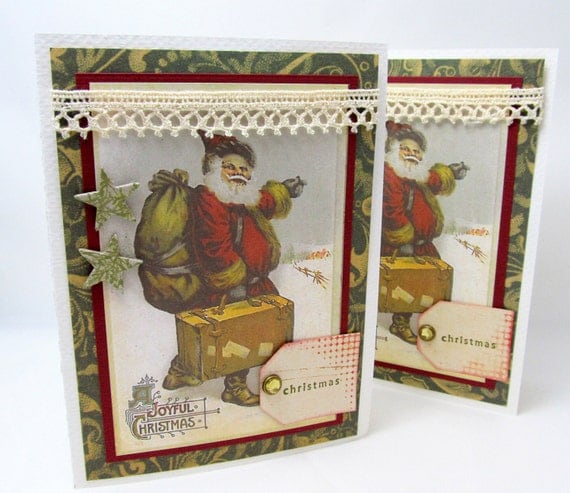 Joyful Christmas Card - Vintage Christmas - Santa Claus - Old-Fashioned Christmas - Blank Card - Holiday Card - Red and Green