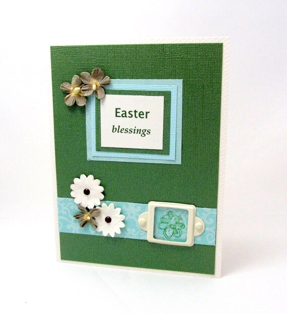 Easter Card - Easter Blessings - Green and Turquoise - Shabby Chic Flowers - Ivory Accents - Blank Card