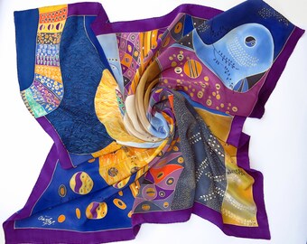Klimt silk scarf. Natural silk Hand painted silk scarf in yellow, magenta, blue painted silk. Batik scarf silk painting. Luxury Silk shawl