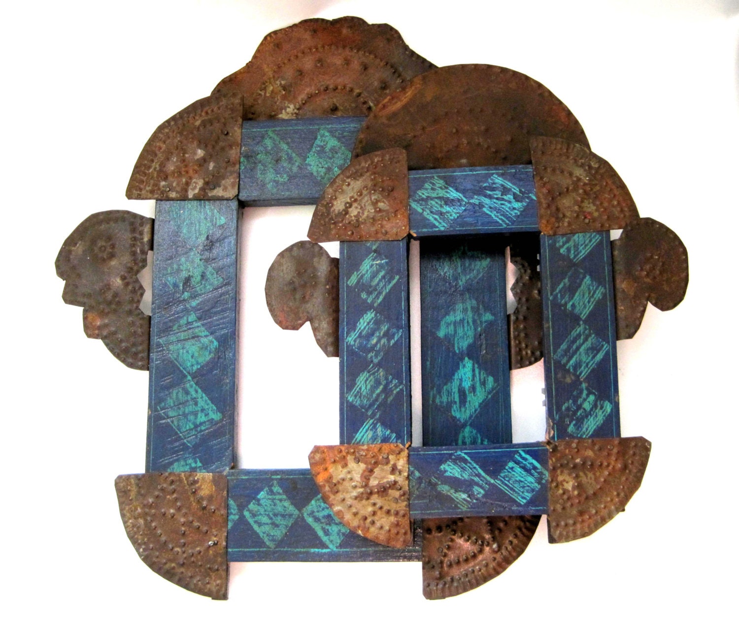 2 Vintage Blue Frames Mexican Punched Tin and Wood Block